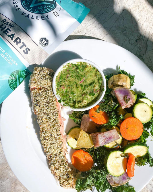 HEMP CRUSTED SALMON with thyme roasted veg & chimichurri sauce