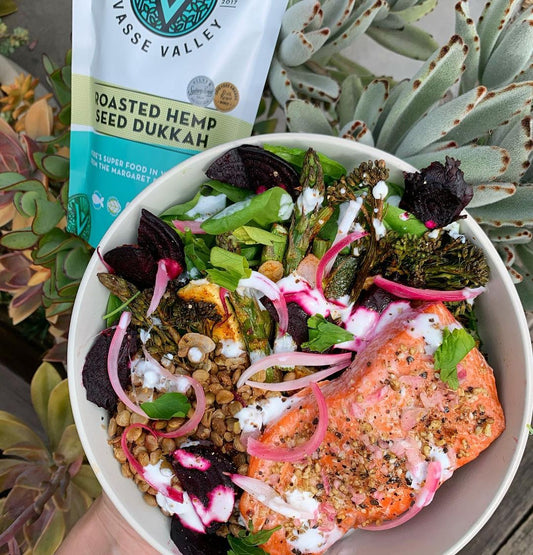 Hemp Seed Dukkah Crusted Salmon and Lentils