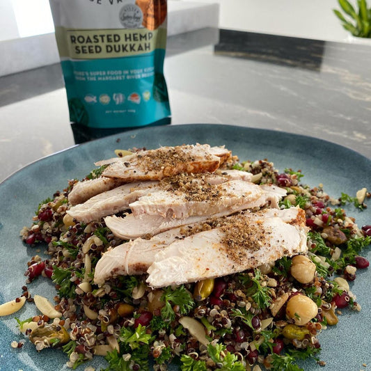 Pomegranate Chicken Salad with Hemp Seed Dukkah