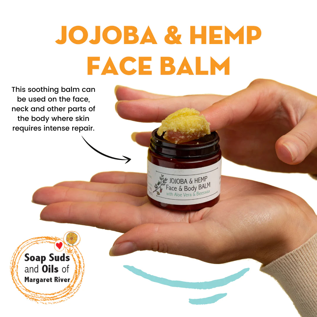 Jojoba and hemp face balm in a 50g tub.
