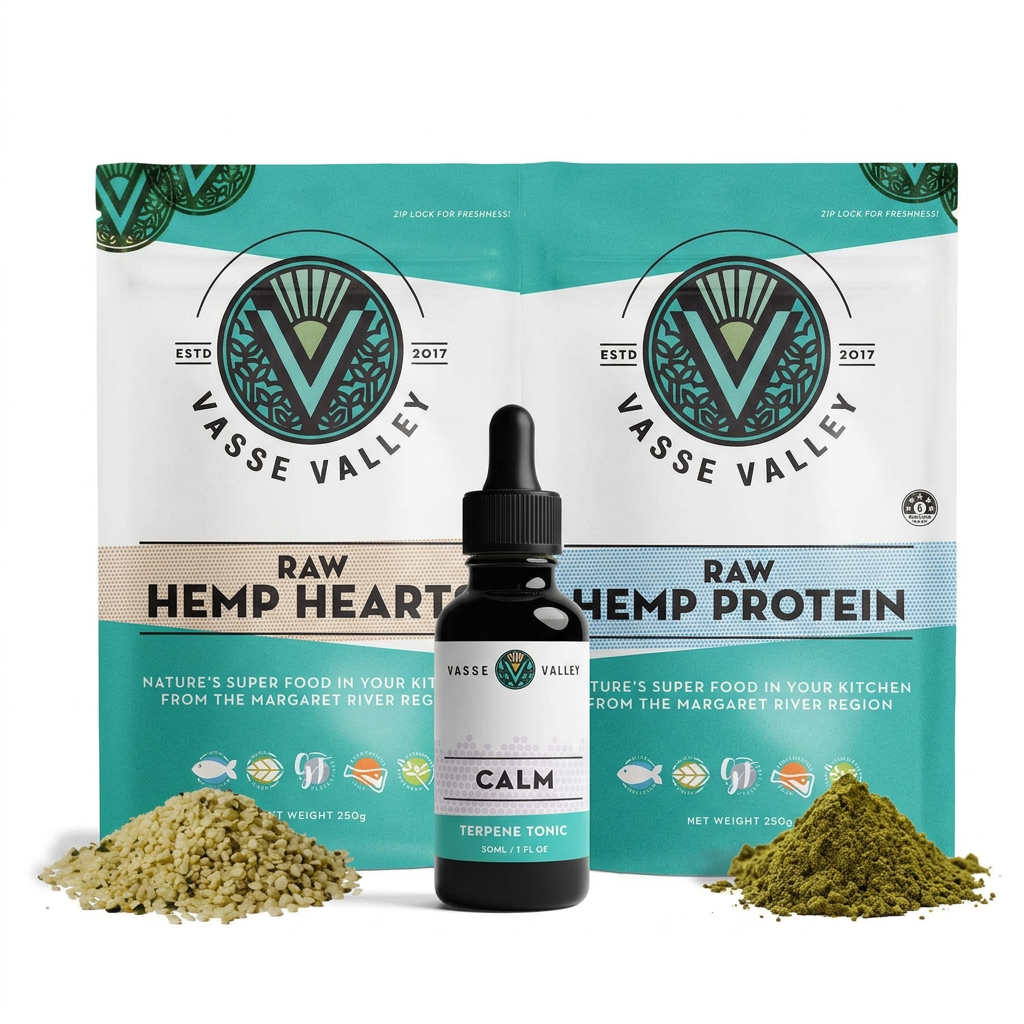 Hemp hearts, hemp protein, calm terpene tonic against a white background. 