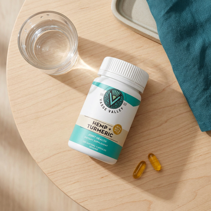 Two Vasse Valley Hemp and Turmeric softgel capsules displayed next to the bottle and a glass of water on a wooden surface
